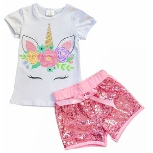 Little Girls Toddler Kids Unicorn Floral Flower T-Shirt Top Sequin Short 2PC Set